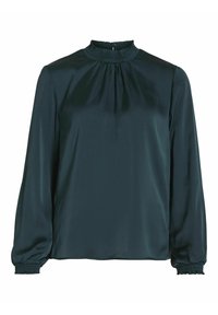 Bluzka z ciemnozielonego satynu z wysokim kołnierzem, marszczeniem wokół szyi i elastycznymi mankietami na długich rękawach. Gładka faktura.