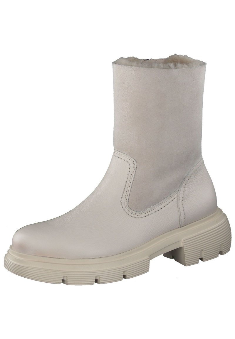 Beige Leder-Stiefelette mit runder Zehenpartie, ausgestattet mit einem weichen Lammfellfutter, elastischen Seitenpaneelen und einer strukturierten Gummisohle.