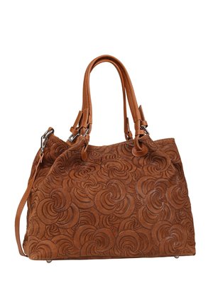 Braune Wildleder-Handtasche mit eingeprägtem, geschwungenem Blumenmuster, doppelten Ledergriffen und silbernen Hardware-Akzenten. Bietet ein geräumiges Design.