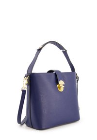Navy blue leather handbag with textured finish, gold hardware accents, top handle, and detachable shoulder strap. Compact and structured design.