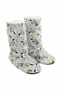 Pantofole grigie in morbido tessuto con un motivo di Snoopy e Woodstock, con una morbida fodera interna bianca e suole nere.