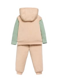 Conjunto de sudadera beige y pantalones a juego. La sudadera presenta una manga verde y una textura suave. Los pantalones tienen puños acanalados y un corte relajado.
