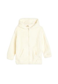 Haut en polaire zippé blanc avec une texture douce, des poches kangourou et une capuche spacieuse. Sans motifs ni ornements.
