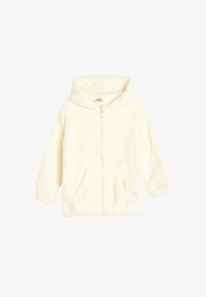 Weiße, zipfelbare Fleece-Hoodie mit weicher Textur, Kängurutaschen und geräumiger Kapuze. Keine Muster oder Verzierungen.