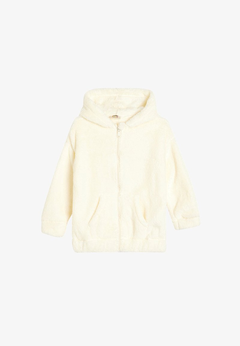 Witte, ritssluiting fleece hoodie met een zachte textuur, kangoeroezakken en een ruime capuchon. Geen patronen of versieringen.