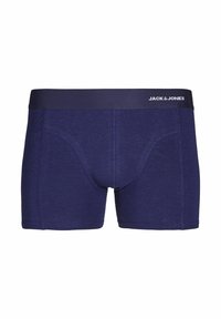 Navy blue boxer briefs made of soft fabric, featuring a logoed waistband and a stitched fly and side seams for a fitted design.
