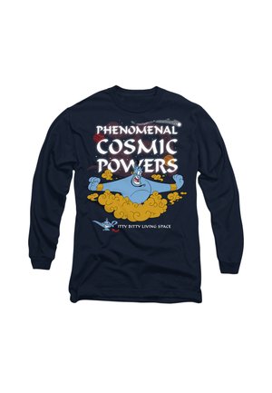 Navy blue long-sleeve shirt featuring cartoon design of a blue figure with text: "PHENOMENAL COSMIC POWERS" and "itty bitty living space."