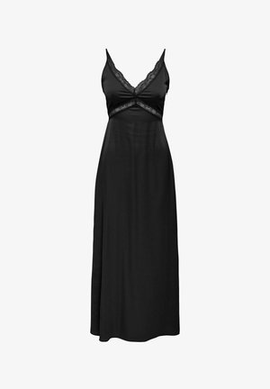 Nuisette longue noire sans manches avec décolleté en V et bordure en dentelle sur la poitrine et sous la poitrine.