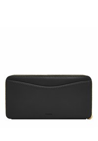Portefeuille en cuir noir avec une fermeture éclair, présentant une texture lisse, des détails de couture arrondis et une accentuation en filet doré. Logo embossé à l'avant.