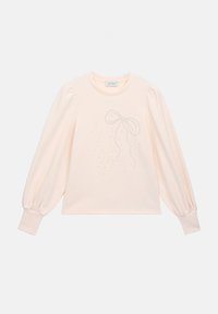 Lyserosa genser med lange, puffede ermer. Har et teksturert bue-design og spredte pyntedetaljer på framsiden. Mykt materiale.
