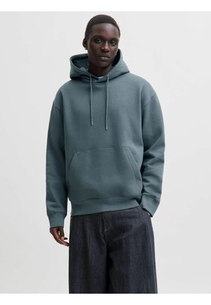 Jong persoon met een blauwgrijze hoodie met voorzak en donkere wijde jeans, staand tegen een effen lichte achtergrond.