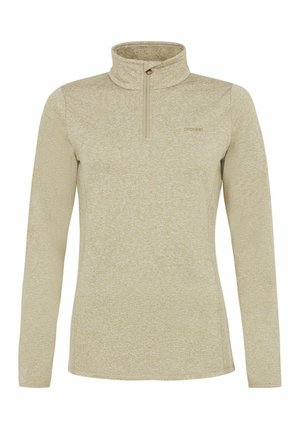 Lys beige, langærmet top med en halvlukning og en høj krave. Stoffet har et tekstureret, meleret udseende med subtil branding.