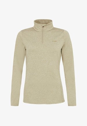 Světle béžový dlouhý rukáv top s půlovým zipem a vysokým límcem. Tkanina má texturovaný, melírovaný vzhled s jemným logem.