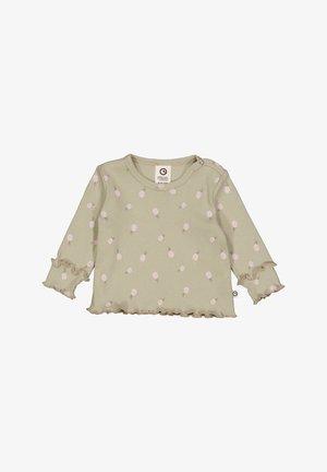 Light green long-sleeve top made of ribbed fabric, featuring pink polka dots and ruffled edges on sleeves and hem. Tag visible at the neckline.