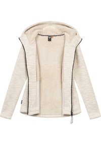 Ljust beige huva jacka med mjukt, fleece-inrett insida. Har dragkedja, sidofickor och svarta kantdetaljer.