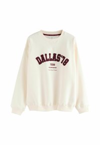 Jasna kremowa bluza z okrągłym dekoltem, z bordowym haftem "DALLAS'78 TEXAS" oraz ściągaczami na rękawach i na dole. Miękka tekstura.
