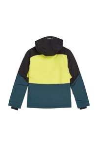 Veste colorée avec une capuche noire, une partie supérieure jaune vif et une partie inférieure bleu sarcelle foncé, avec des poignets élastiques et un détail de logo.