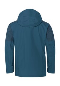Waterdichte jas in teal met een capuchon. Heeft contrasterende donkerblauwe schouderpanelen en lange mouwen. Gladde textuur, ontworpen voor gebruik buitenshuis.