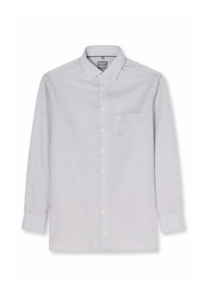 Herrenhemd mit langen Ärmeln und kleinem Karomuster, vorne mit Knöpfen, einer Brusttasche und klassischem Kragen in Hellgrau und Weiß.