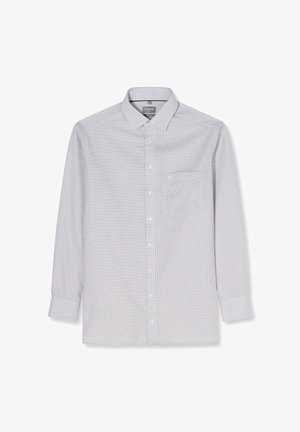 Herrenhemd mit langen Ärmeln und kleinem Karomuster, vorne mit Knöpfen, einer Brusttasche und klassischem Kragen in Hellgrau und Weiß.