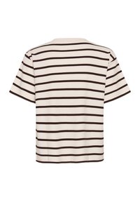 White short-sleeve t-shirt with evenly spaced horizontal black stripes, shown from the back on a plain white background.