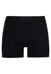 Boxer shorts noirs en mélange de coton, dotés d'une taille élastique avec "SUPERDRY" embossé en vert foncé. Design simple, sans motifs.
