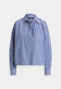 Langärmliges blau-weiß gestreiftes Hemd mit Kragen, einer einzelnen Brusttasche und einer lockeren Passform mit elastischen Bündchen.