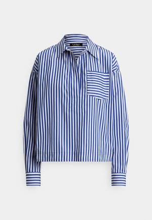 Langærmet blå og hvidstribet skjorte med krave, enkelt brystlomme og en afslappet pasform med elastiske manchetter.