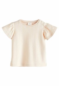 Tricou pentru copii de culoare roz deschis, realizat dintr-o țesătură moale, cu mâneci scurte și volănașe, având un model texturat în dungi și un decolteu rotund.