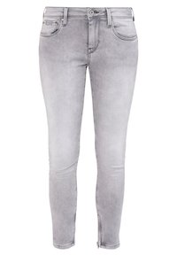 Vaqueros ajustados de mezclilla gris con un lavado descolorido, dise�ño de cinco bolsillos y cremalleras en el tobillo. Cuenta con cierre de botón y cremallera.