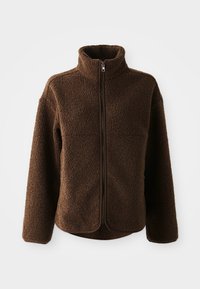 Brown full-zip fleece jacket with stand collar, long sleeves, and a textured, cozy, plush fabric.