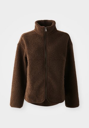 Brown full-zip fleece jacket with stand collar, long sleeves, and a textured, cozy, plush fabric.