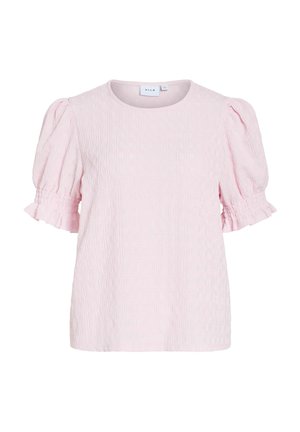 Šviesiai rožinė trumpomis rankovėmis palaidinė su tekstūruota medžiaga, pūstomis rankovėmis, raukšlėtomis elastingomis rankogalių dalimis, apvaliu kaklo iškirpimu ir tiesiu apačia.