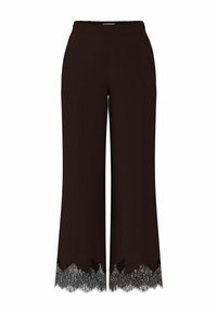 Pantaloni neri a gamba larga con vita alta e dettagli in pizzo nero intricato lungo l'orlo.