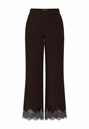 Juodos plačios kelnės su aukštu liemeniu ir sudėtingu juodu nėriniu apatinėje dalyje.