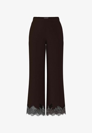 Černé kalhoty s širokými nohavicemi a vysokým pasem, s propracovanou černou krajkovou aplikací na lemu.