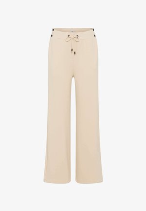 Pantaloni beige a gamba larga realizzati in tessuto morbido. Presentano una vita con cordoncino e dettagli neri sui lati. Design semplice e versatile.