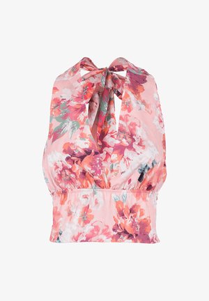 Różowy top na ramiączkach w kwiaty, z wielokolorowymi kwiatami, marszczonym pasem i związaniem z tyłu. Lekki, fakturowany materiał dla wygody.