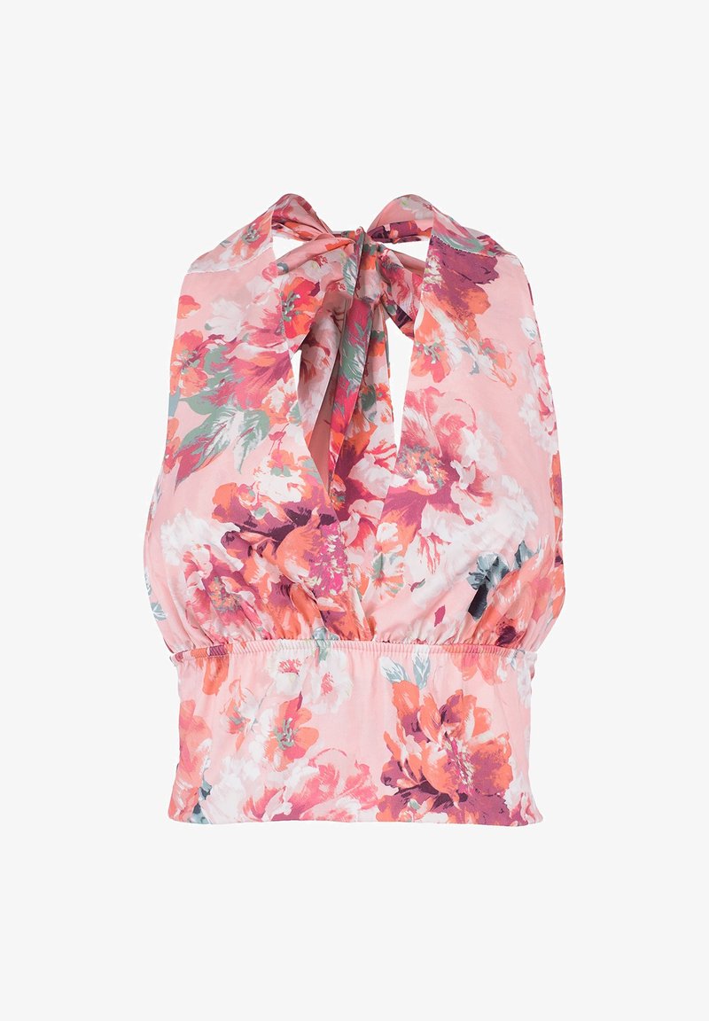 Różowy top na ramiączkach w kwiaty, z wielokolorowymi kwiatami, marszczonym pasem i związaniem z tyłu. Lekki, fakturowany materiał dla wygody.