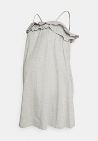 Vestido cinzento sem mangas com um decote em babados. Feito de um tecido suave, apresenta alças finas e uma silhueta solta e esvoaçante.