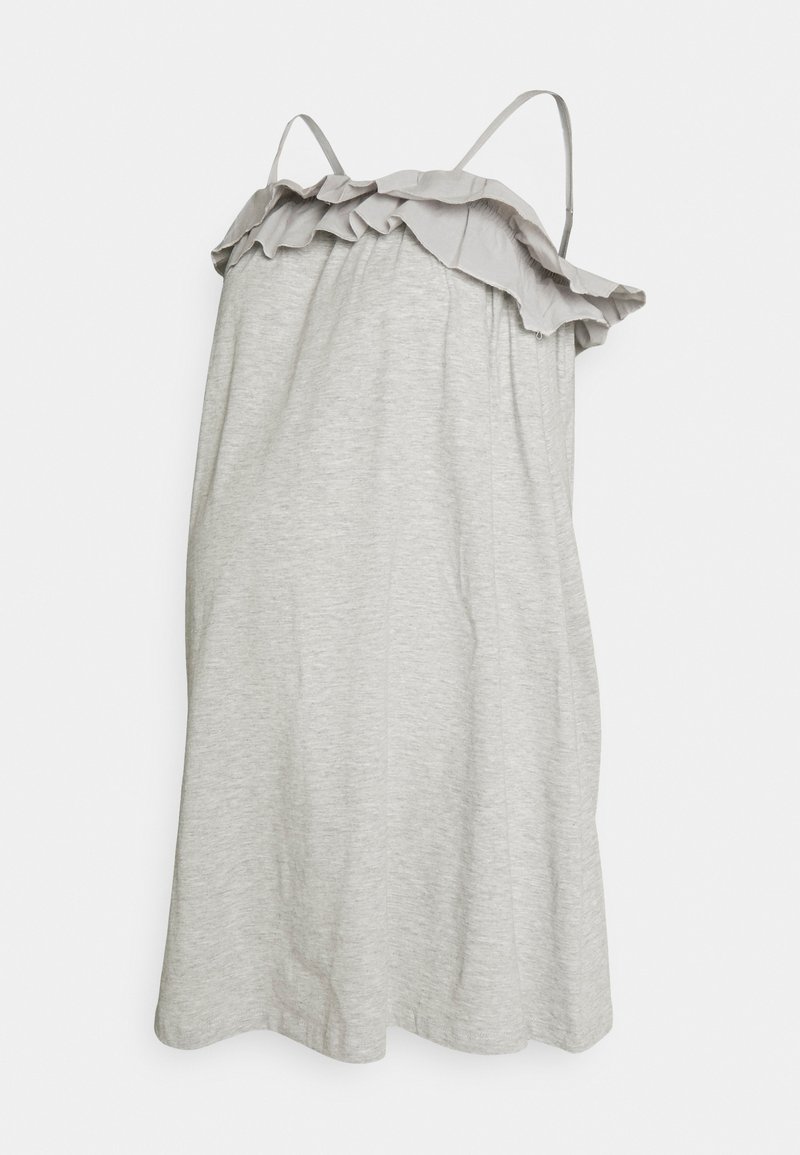 Vestido cinzento sem mangas com um decote em babados. Feito de um tecido suave, apresenta alças finas e uma silhueta solta e esvoaçante.