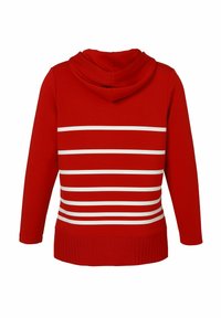 Rode hoodie met lange mouwen en horizontale witte strepen op de achterkant, voorzien van een geribbelde zoom aan de onderkant.