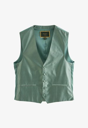 Gilet en satin vert avec un motif texturé, présentant un col en V, cinq boutons sur le devant et deux poches latérales. Design parfaitement taillé.