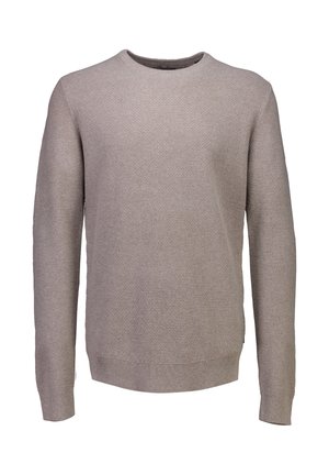 Beżowy sweter z długim rękawem w stylu crewneck o fakturowanej powierzchni, z prążkowanymi mankietami i dołem, przedstawiony na białym tle.