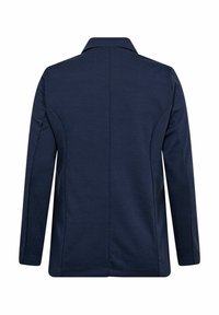Námořnická modrá bunda s dlouhými rukávy, klasickým límcem a hladkou texturou. Má čisté linie a rovný design zadní části.