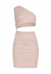 Asymmetrisches One-Shoulder-Kleid in zartem Rosa, mit gerafftem Textur und Ausschnitt in der Mitte für eine figurbetonte Silhouette.