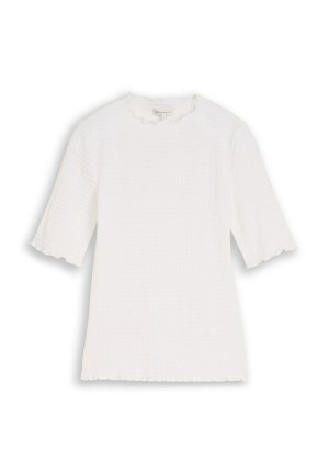 Biała teksturowana bluzka z krótkim rękawem, okrągłym dekoltem oraz subtelnymi falbankami na kołnierzu i rękawach.