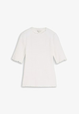 Biała teksturowana bluzka z krótkim rękawem, okrągłym dekoltem oraz subtelnymi falbankami na kołnierzu i rękawach.