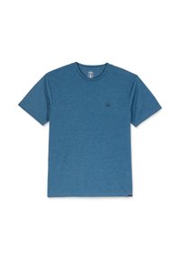 Blå bomulds t-shirt med rund halsudskæring og korte ærmer. Har et lille sort logo på venstre bryst. Casual pasform og glat tekstur.