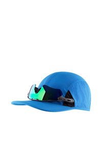 Blue sports cap with attached wraparound mirrored sunglasses featuring green and blue reflective lenses on a white background.